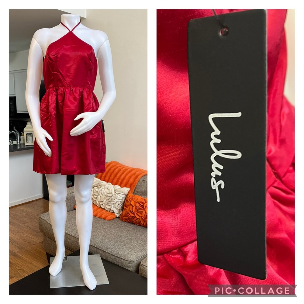 ❣️🆕Lulus Down to Celebrate Red Satin Halter Mini Dress With Pockets❣️